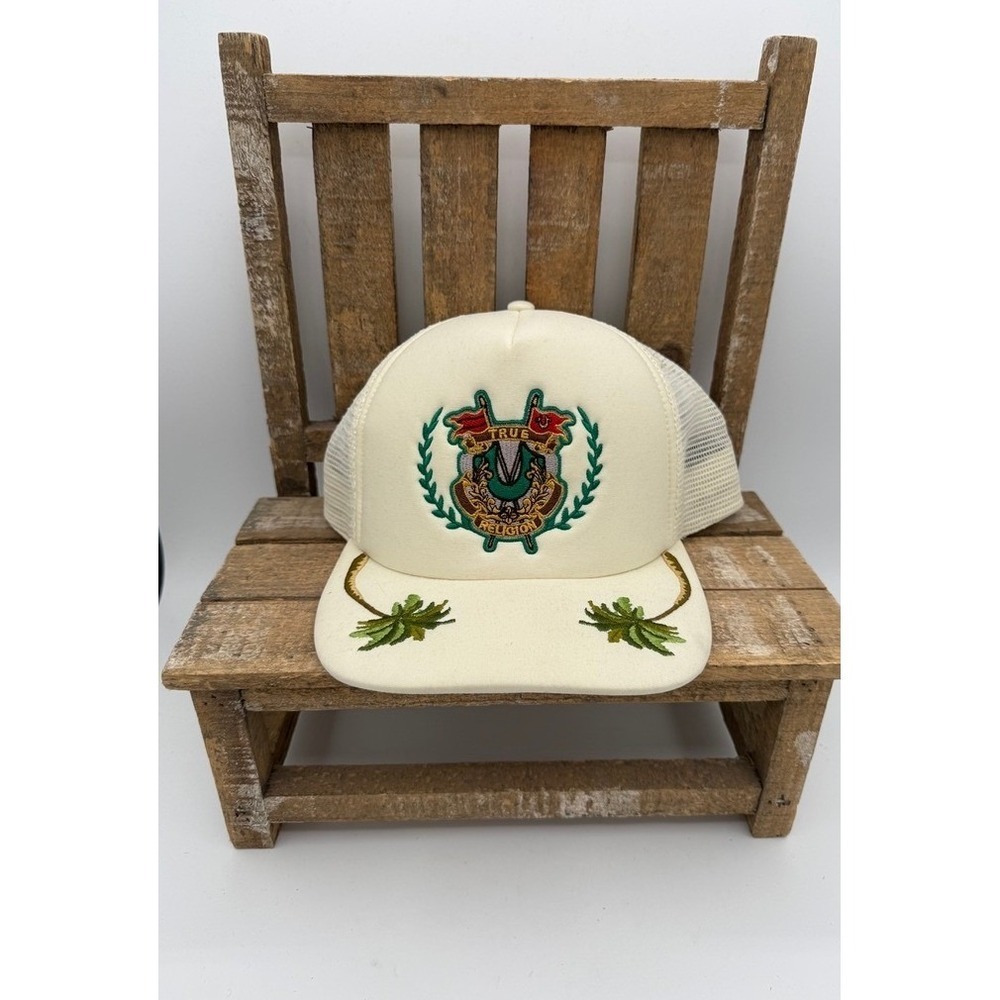 True Religion Cream Mesh Trucker Hat Embroidered Crest Logo Palm Detail
